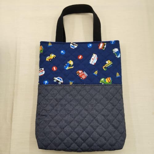 レッスンバッグ シューズケース 2点セット キルティング 紺色 働く車柄